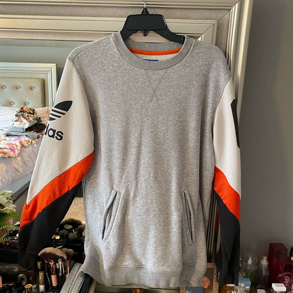 Adidas gray, orange and white sweater size small